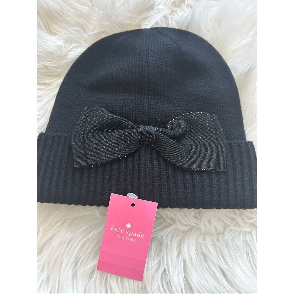 Kate Spade Beanie Hat Wool Mix With A Black Shiny Bow New